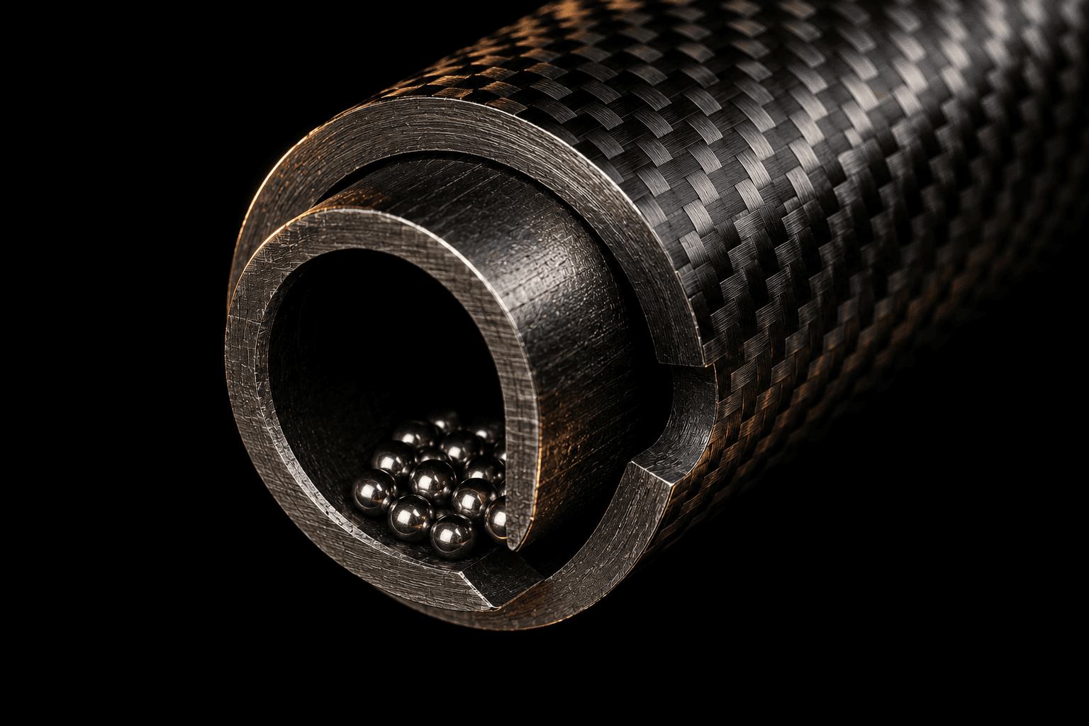 Cutaway showing hollow steel EMT shaft lined with carbon fiber and steel bearings inside