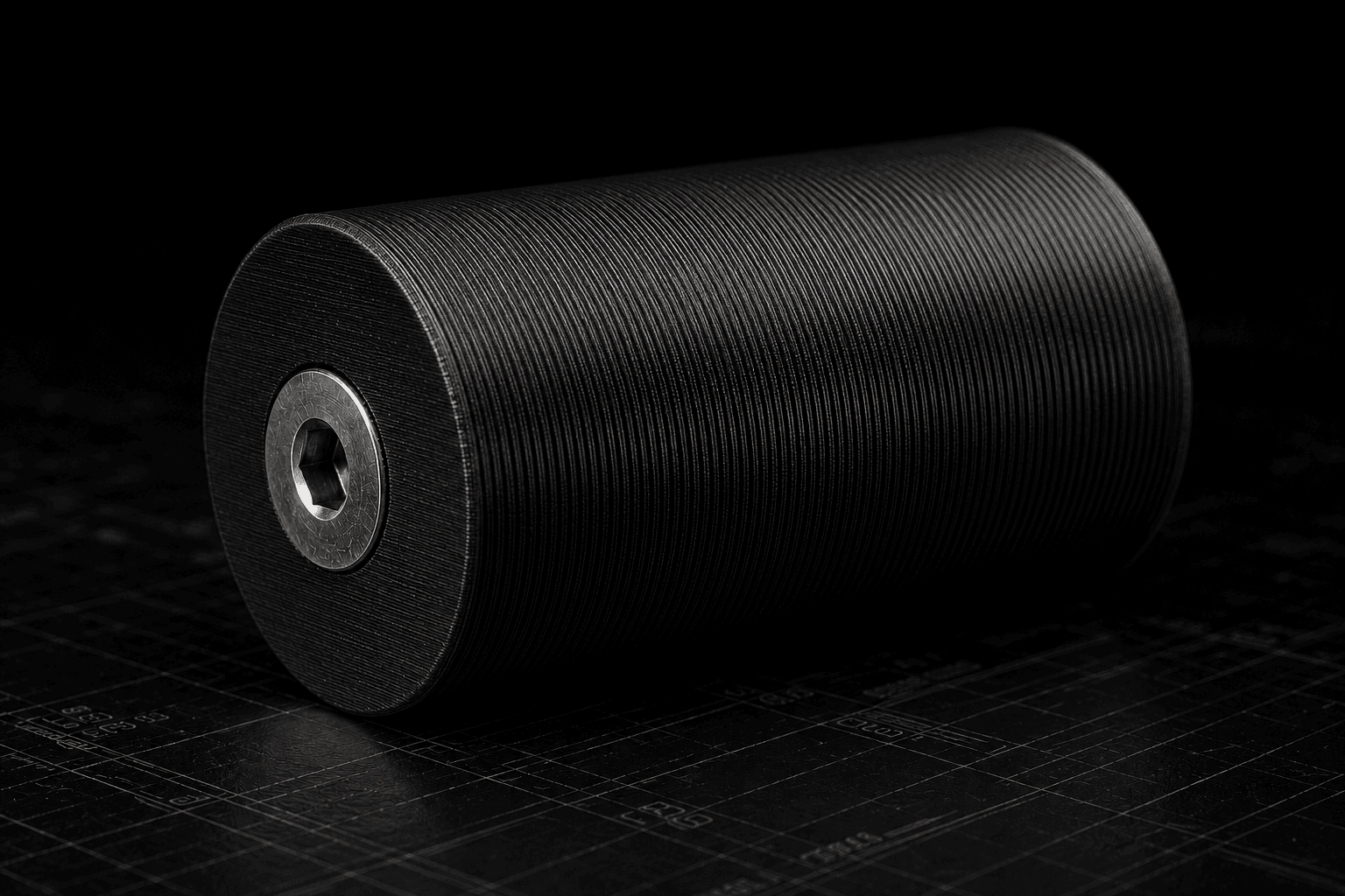 Industrial design photograph of 2-inch round cylinder foot printed in Arctic Mint PLA with a countersunk machine screw running long ways through the layers