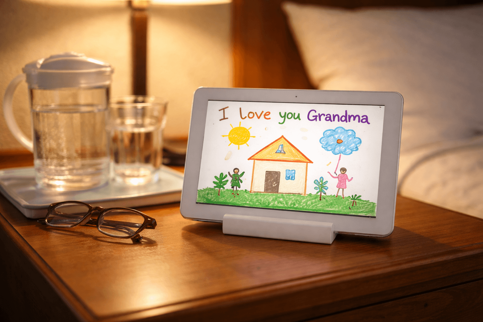 Vantedge Dock tablet displaying a grandchild's drawing on Grandma's Postcard