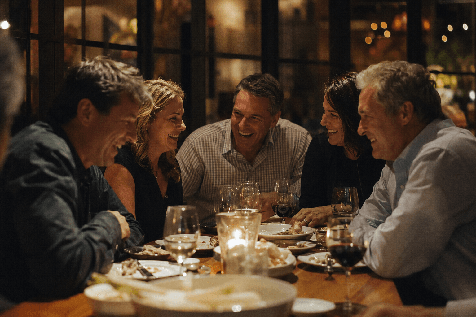 A beautifully presented restaurant table with dinner and drinks